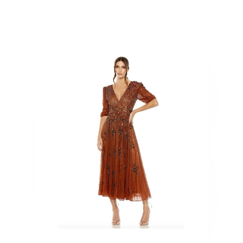 MAC DUGGAL Dress Size 16 Evening Gown Sequin NEW Cinnamon Brown Beaded Midi
